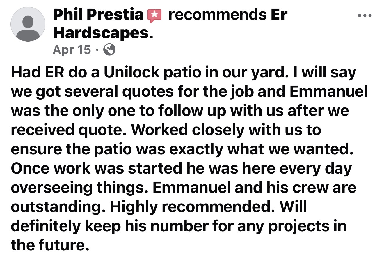 Facebook recommendation from Phil Prestia for E.R. Hardscapes